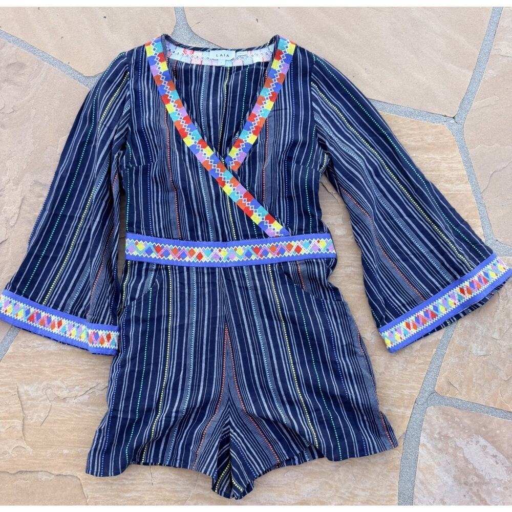 LAIA Anthropologie Nantucket Embroidered Striped Romper Sz S Boho Bell Sleeve AS